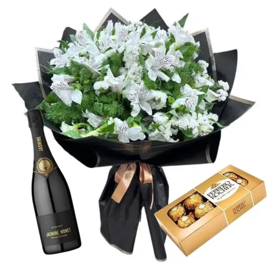 Ramo de flores astromelias blancas con rocher x8 y espumante
